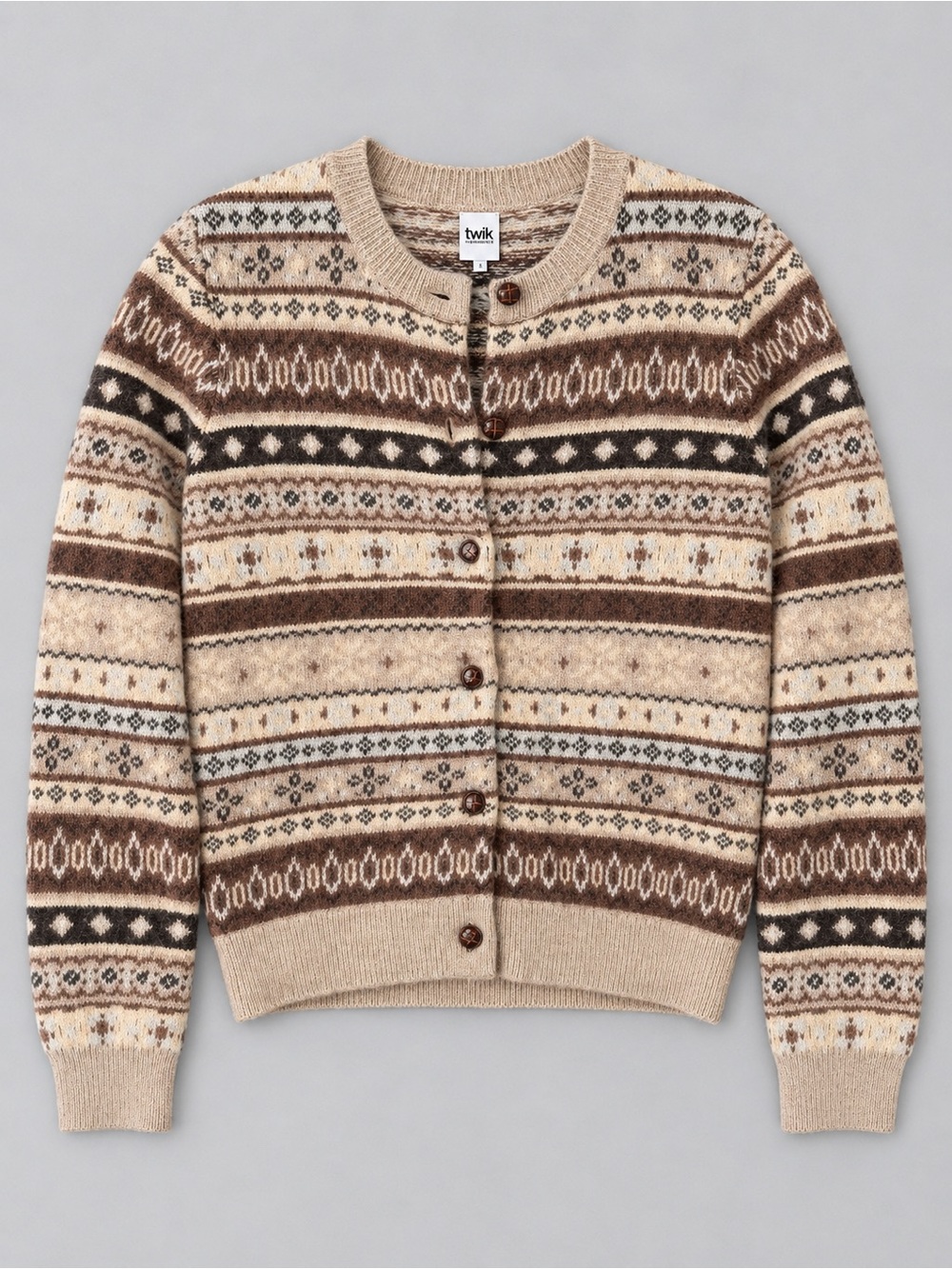 Simons Fair Isle Button-Front Sweater Cardigan - Cream & Brown